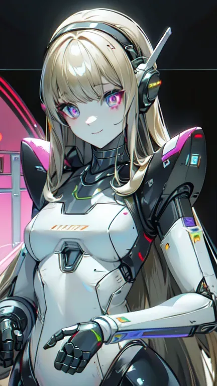 One Girl, alone, High resolution, vision, Accurate, Highest quality, 超High resolution, Shortcuts, robotization, ((Android、robot、Inorganic skin))、future、(Pale skin、saturated color)、pistol、(black、skinny、Bodysuits)、(Deep Eye、(Glowing Eyes)Lens Cover、smile、Mac...