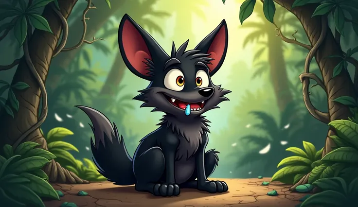  a fat cartoon black jackal ( sparkling big eyes ,saliva coming out of mouth) in the dense jungle