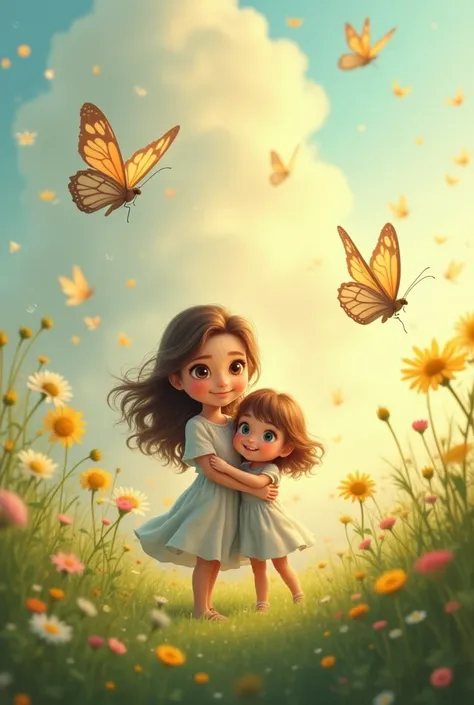 Dandelions and butterflies surrounding a beautiful, cute mother and daughter 