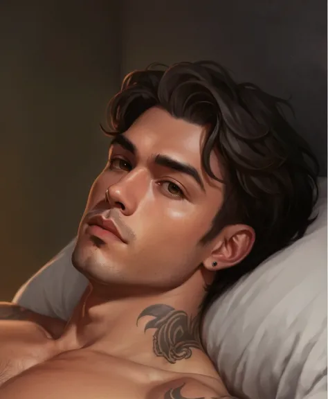 there is a man with a tattoo on his chest laying in bed, inspired by Adam Dario Keel, detailed character portrait, inspired by Jean Malouel, painted in anime painter studio, detailed digital painting, charlie bowater art style, digital matt painting, reali...