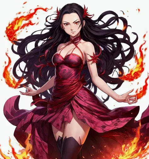 Beautiful girl a dress, nezuko, nezuko-chan, best character design, beautiful woman fullbody art, demon slayer artstyle, female  full body art, a very beautiful berserker woman, demon  girl, fire!! full body, shalltear bloodfallen