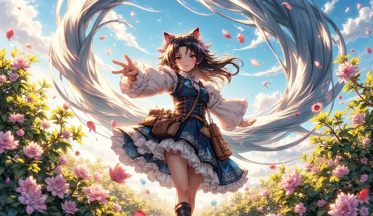 masterpiece, best quality, highly detailed, anime style, 16:9 aspect ratio

A dramatic scene of a girl standing against a powerful wind, her hair and clothes billowing dramatically. Cherry blossom petals and small wildflowers swirl around her in a spiral p...