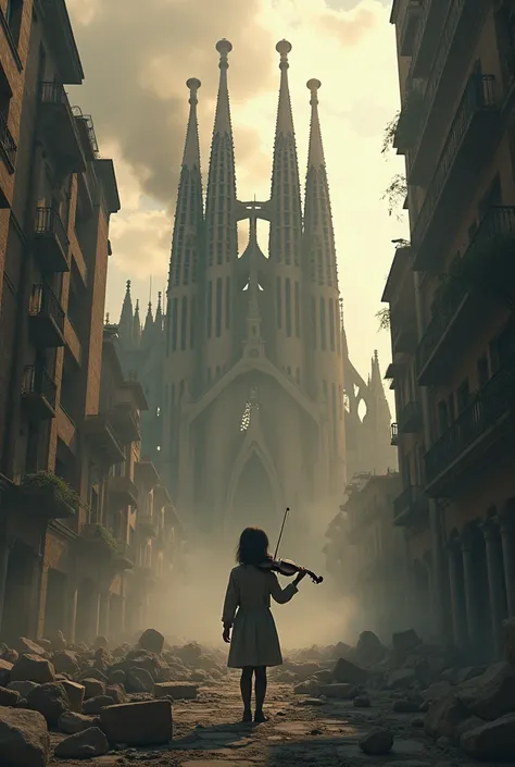 apocalypse, Dark, Catastrophe at the Sagrada Familia in Barcelona and that a girl comes out playing the violin