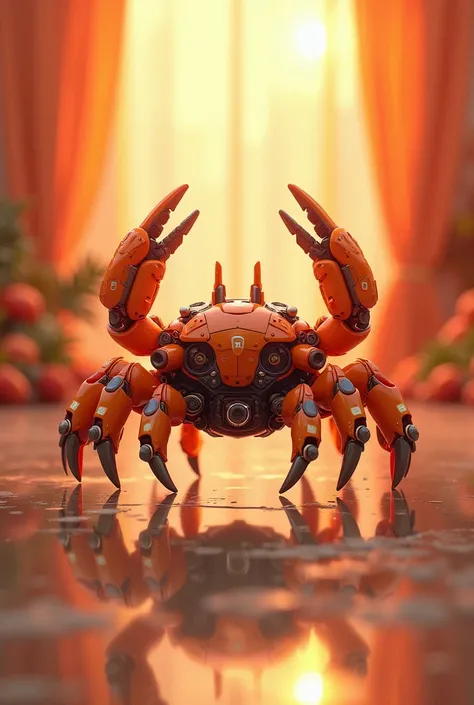 Futuristic mechanical crab with four blade-like legs, numerous components, anime-like texture, cute and dreamy in style, warm orange tones, cozy and beautiful, symmetrical layout, soft lighting, wide-angle lens, rich in details, adorable expressions, techn...