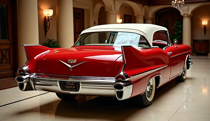 Give me A back sides view 1957 Cadillac Eldoradoh in luxury Showroom color red shine