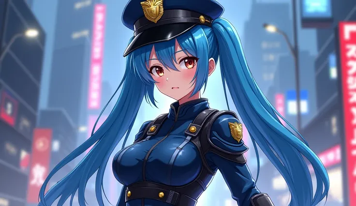 An anime-style beautiful soldier with long blue twin tails, styled neatly and flowing gracefully, wearing a sharp and modern police cap adorned with a shiny badge. Her outfit is a sleek and futuristic military-style uniform, featuring dark blue and black t...