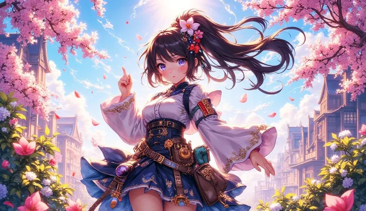 masterpiece, best quality, highly detailed, anime style, 16:9 aspect ratio

A dramatic scene of a girl standing against a powerful wind, her hair and clothes billowing dramatically. Cherry blossom petals and small wildflowers swirl around her in a spiral p...