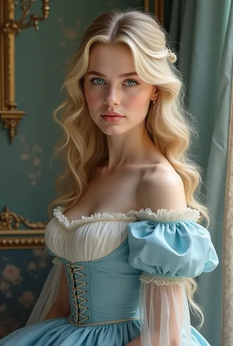 Portrait of a young blonde Beauty, noble Features, clear blue eyes in a skyblue Dress, regency era, bridgerton, Fantasy Portrait art