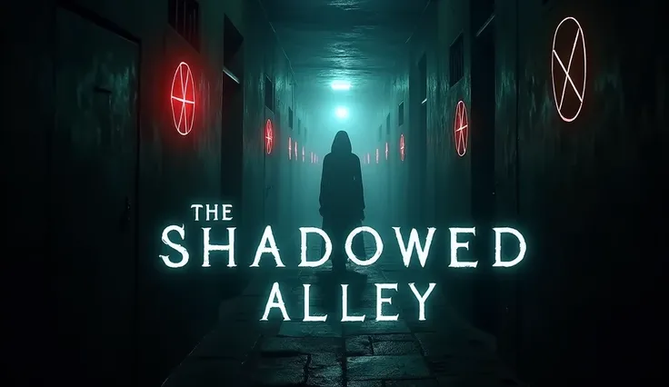 Create a cinematic and eerie thumbnail for a horror storytelling video titled The Shadowed Alley. The design should feature a dark, misty alleyway with glowing symbols on the walls. A mysterious figure in the distance should be partially visible, creating ...