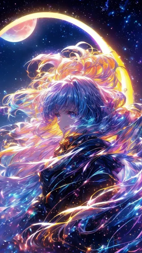 ((The pale yellow moon of a supergiant star))(( is subjectively depicted of a girl staring at her profile))、(( Crying Girl))、Profile Girls、Diverse backgrounds、River Painting、Rainbow sky with stars and moon、 Shining Skyscrapers 、 shining overall 、 Concept a...