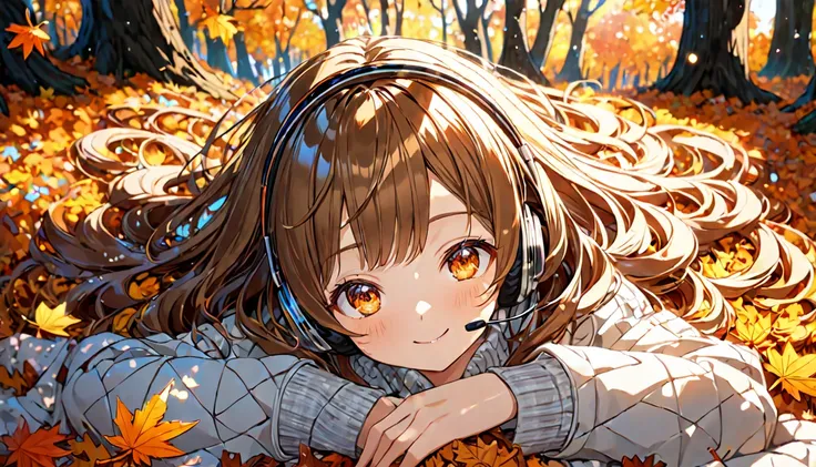 background：Autumn forest、 colorful fallen leaves spreading all over the ground 。  
expression： closing eyes and relaxing 、 smiling。  
Costume： knit and plaid skirt 。  
 pose： lying on fallen leaves 、Lightly spreading hands 。  
scene：( brown-haired girl wit...