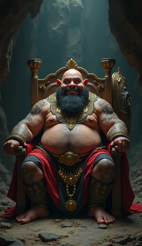 Draw a picture of a dwarf man, a dwarf, no more than 1 meter tall, a dwarf man, short, bald hair, he was a tuyul king from Indonesia. He has red eyes, long teeth, a sinister expression, a slightly fat and stocky body, a bare chest with unique gold decorati...