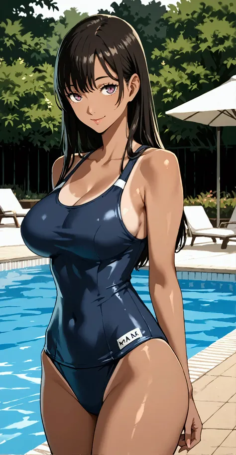 Score_9, score_8_up, score_7_up, score_6_up, masterpiece, best quality, aesthetic, 1girl, Archaic smile, curvy body, large breasts, black dark grimm one-piece navy swimsuit, school swimsuit tanned, detailed face, highly detailed expressive eyes, shining sk...