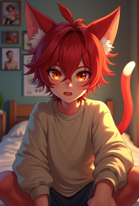 Red haired teenage catboy with red hair and eyes. Taking a selfie in his room. Wearing a sweatshirt.