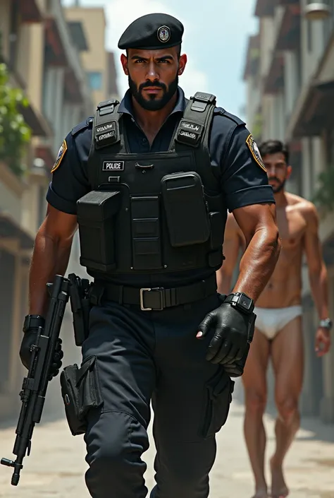  Strong young Brazilian policeman Cafuzo bearded in tactical military police uniform, lottery, elite, black beret, armed, getting closer and looking for a criminal in white underwear .