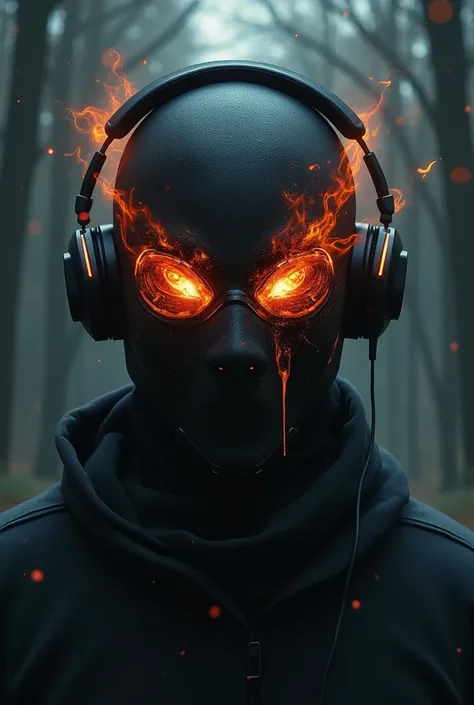 A masked guy with flames in his eyes and headsets on his ears 