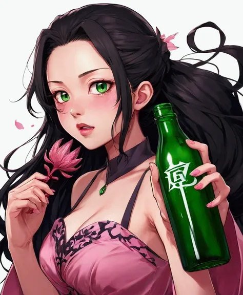 Beutiful girl with a green bottle in her mouth and a pink dress, nezuko, nezuko-chan, demon slayer artstyle, demon slayer rui fanart, shalltear bloodfallen, a very beautiful berserker woman