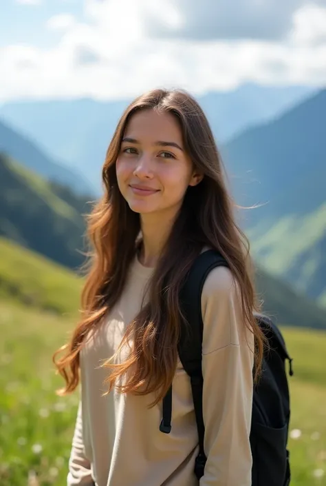 "A young woman with long, wavy brown hair standing in a scenic mountain landscape. She is wearing a casual beige long-sleeve shirt and carrying a small black backpack. Her expression is calm and peaceful, blending harmoniously with the natural surroundings...