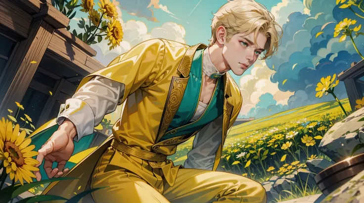 Personification of dandelions、1 Handsome Boy、Sateen、stormy、abdominals、pectoral muscles、Yellow and green clothes、Stylish、Tears、Sad face、Lumpy、One muscular boy、solo、beige blonde hair