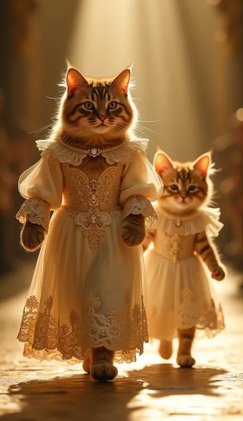 "A golden-furred British Shorthair cat in a luxurious cream-colored gown with intricate gold embroidery, modest full sleeves, and a pearl brooch, alongside a small kitten in a cute cream frock with tiny ruffled sleeves, walking confidently on a golden-lit ...