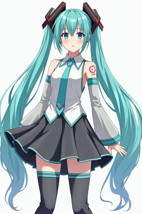 She continues to have her signature turquoise pigtails that extend down to her knees and a school uniform-like outfit. She has teal eyes and pigtails that extend down to her knees held with black and red square-shaped ribbons that have become a signature o...