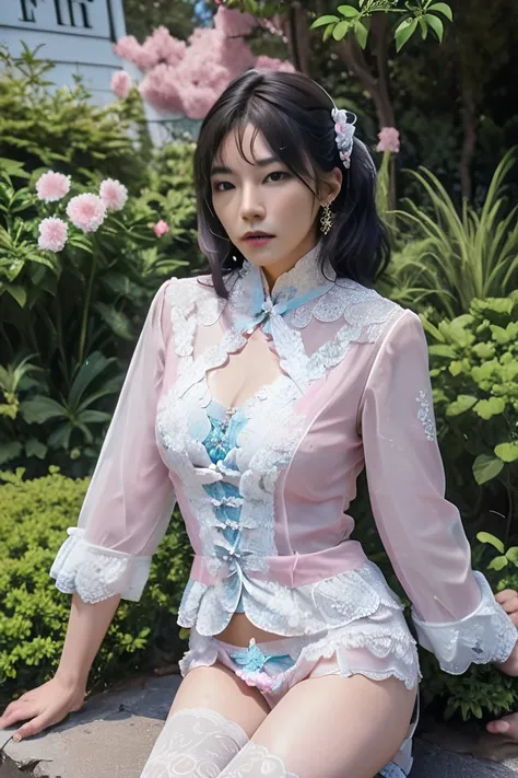 A Korean man in ladies vintage suit dress, he is crossdresser, big breast like a woman, slender female body, white and pink, Rich lace and frills, long sleeves, jacket, mermaid line long skirt, silk, sit quietly, His hairstyle is short and manly, short min...