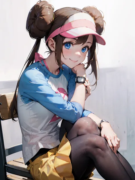 ((  Masterpiece , best quality)),  absurd,  ro1, Hair Bun,  blue eyes,  twin tails,  Visor Cap ,  pantyhose,  raglan sleeve, Yellow shorts,  shirt,  pink ribbon ,  watch ,
 Alone, smile,,  , Town Town ,、((Sit with your knees hugged、From the side))