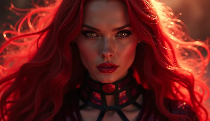 best quality,ultra-detailed,realistic,sexy scarlet witch,beautiful detailed eyes, beautiful detailed lips, long red hair, witch costume, glowing magical powers, intense gaze, confident posture, dark and mysterious background, vibrant colors, enchanting art...