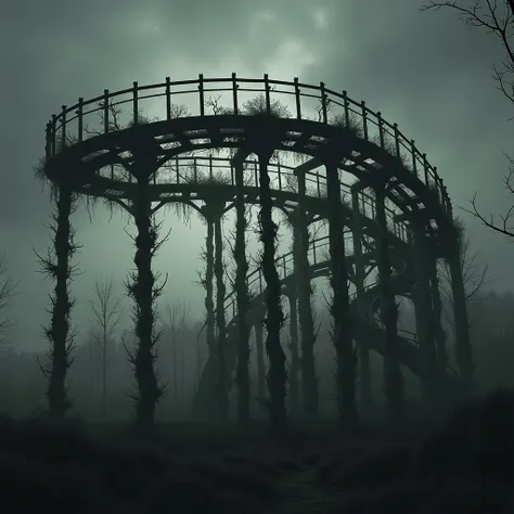 An eerie and desolate image of an abandoned roller coaster structure, overgrown with twisting, lifeless vines. The skeletal frame of the coaster looms against a murky, overcast sky, evoking a sense of decay and forgotten memories. The atmosphere is dark, m...