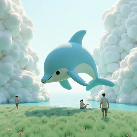  soft green plush grass ， a mass of fog formed from plush marshmallows ， A huge blue and white fusion dolphin made of plush material，Plush ocean ，Artistic atmosphere ，A dreamy wonderland，Real People，3D Rendering，C4D Modeling， surrealism ，Ultra-realistic