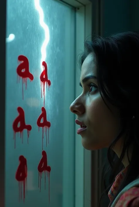 A close-up of the fogged glass on the window. Words appear in reverse, written with what looks like blood: "भागो, वरना देर हो जाएगी।" Neha staring at the writing on the window, her face lit by a flash of lightning. Her expression is filled with terror.

