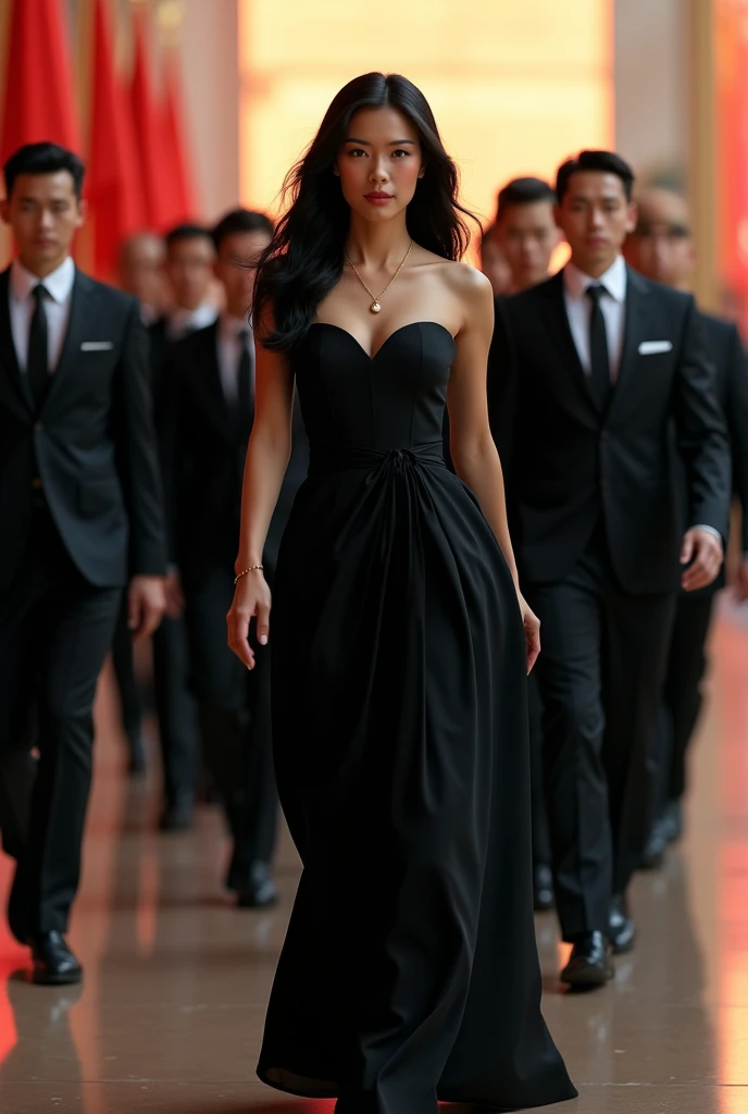 A sexy Chinese female president wearing a long black evening gown, black hair, behind her is a group of extremely cool bodyguards in black suits following, they are moving forward, the scene is bright