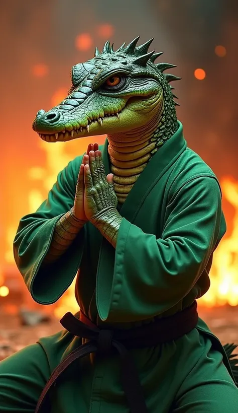 Very realistic portrait of crocodile monster karateka, wearing green kung fu karate clothes holding a black belt with kung fu style moves, front camera shot, burning fire background , on fire