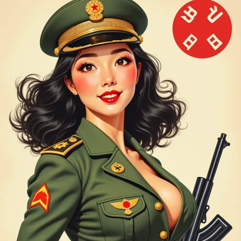 Pin-Up illustration, a Korean maiden, tall and fair, with radiant beauty, beyond compare, in soldiers garb, she stands with pride, her stride is bold, her gaze intense, in North Korean military defense, yet beneath the steel of her stern façade, cleavage, ...