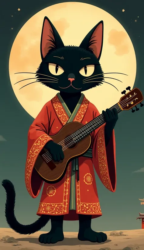 A black cat is standing in the guise of an Onmyoji holding a Japanese instrument　 full moon　Personification