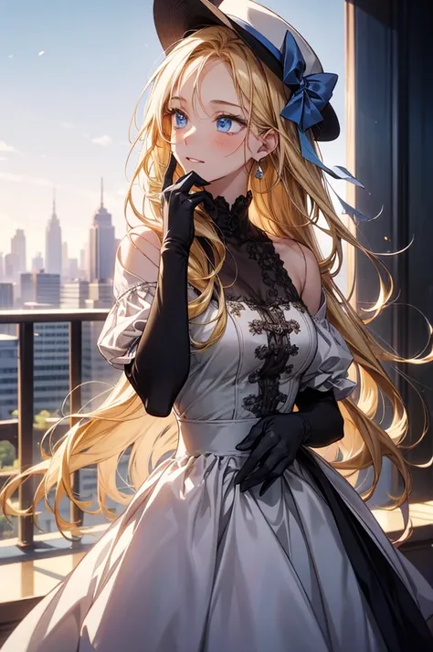 A beautiful anime girl with long blonde hair and blue eyes, wearing an elegant white hat adorned with a delicate ribbon, holds her hand to the side of her face as if in contemplation or thought. She is dressed casually but elegantly, possibly for summer we...