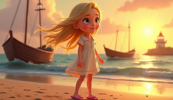  image for a cartoon story YouTube video in the style of Disney, in Pixar format :  Ella :  like the rays of the setting sun {x} A girl with summer-colored eyes and blond hair,  in the harbor in the background sway . Dressed in a light dress,  floral print...