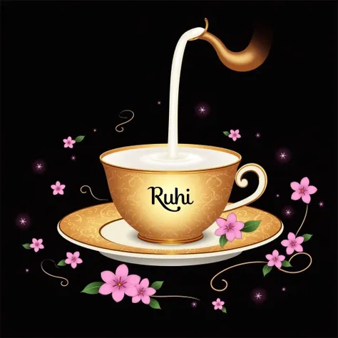 The image is a digital illustration of a teacup and saucer with a gold-colored design. The teapot is in the center of the image, with the words "RUHI" written on it in a cursive font. The cup is filled with a , which appears to be milk or tea, and is being...