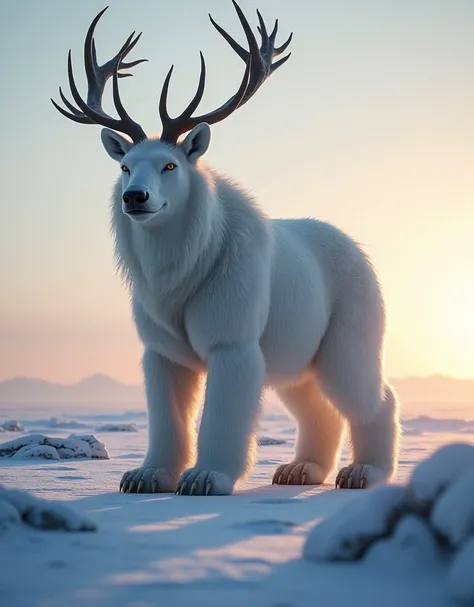 "A majestic hybrid creature standing on a snowy Arctic tundra under a soft dawn sky. The creature combines the regal upper body of a stag, complete with tall, intricate antlers and a sleek, fur-covered neck, seamlessly merging with the powerful lower body ...