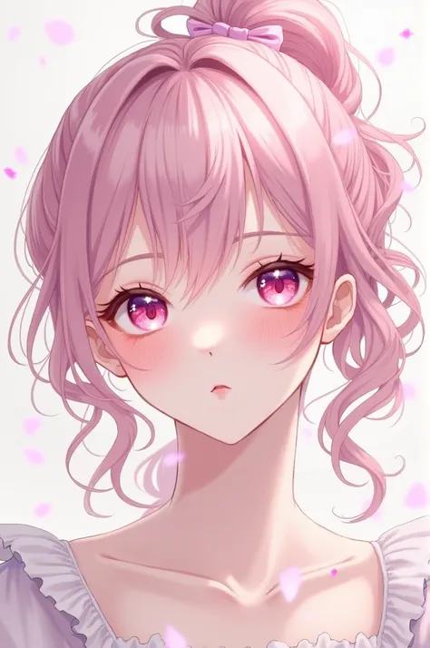 Mizuki has light pink eyes and light pink hair, slightly curled and worn in a ponytail placed on the side of their head and tied with a ribbon, with two strands of hair framing their face. They have pale skin and wear pink mascara.