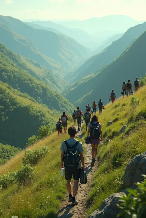 19 people walking in hill. where near of the vally. there are still laptop and coffe in hand.