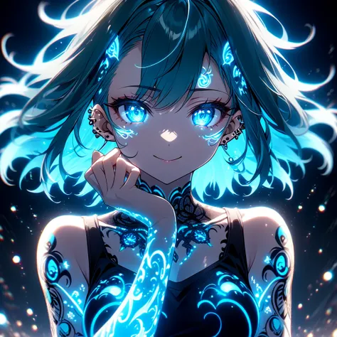  Close up of face 、 Artistic anime illustration of a woman with glowing black flames, glowing tattoos on the arms 。  The tattoo on the arms is a mix of turquoise and dark .、It emits light 。  The woman has short turquoise hair .、 she is wearing a black tank...