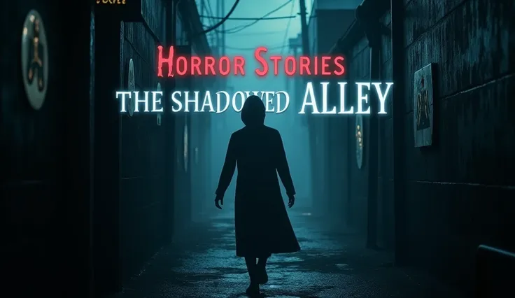 "Design a dark and haunting thumbnail for a horror story video titled The Shadowed Alley. The thumbnail should feature a foggy, dimly lit alley with eerie glowing symbols etched on the walls. In the foreground, a mysterious shadowy figure should appear, pa...