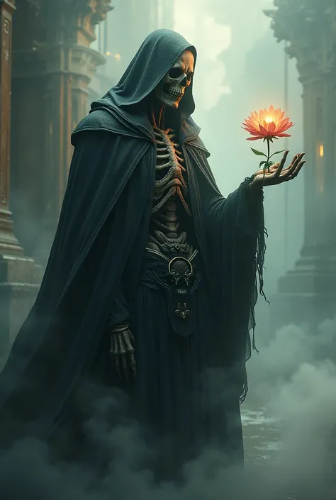 (photorealism:1.2)  create a fierce image of death god handing you a flowers . With thought bubble of " world is not the same everytime "
