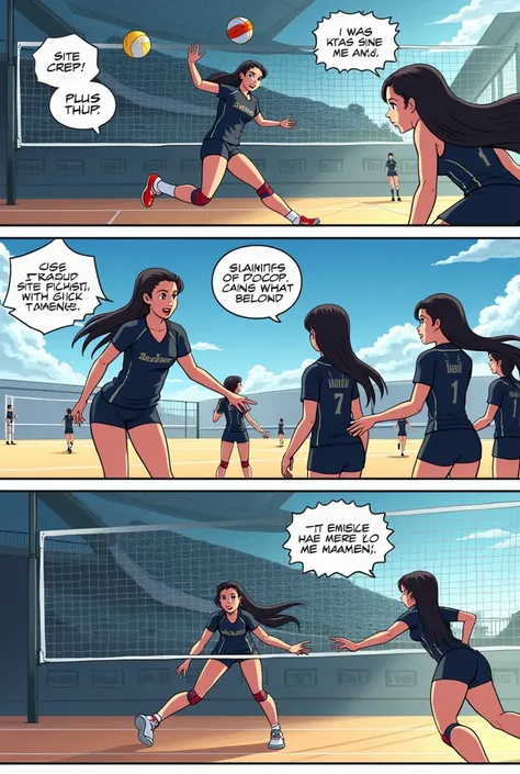 draw comics 

Pahina 3: Ang Mga Karibal
Panel 1: Ang koponan ng Black Storm ay nagsasanay sa isang modernong gym.
Caption: Ang nagtatanggol na kampeon: Ang Black Storm.
Panel 2: Ang kanilang kapitan, si Karina, ay nag-deliver ng malakas na spike.
Karina: “...