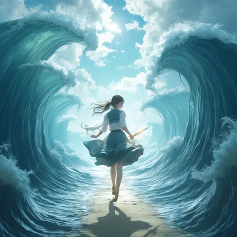 A dramatic and cinematic scene of a Japanese high school girl parting a massive ocean, wearing a traditional school uniform (sailor-style), holding a glowing staff. The ocean parts in a grand and mystical way, revealing a sandy path. The girl stands confid...