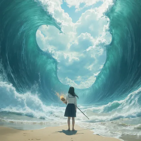 A dramatic and cinematic scene of a Japanese high school girl parting a massive ocean, wearing a traditional school uniform (sailor-style), holding a glowing staff. The ocean parts in a grand and mystical way, revealing a sandy path. The girl stands confid...