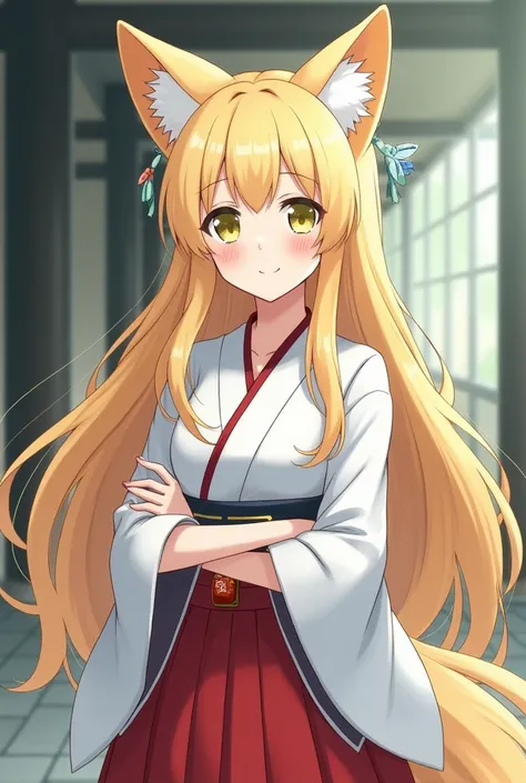 Age: 18 years old
Hair: Long and flowing blonde hair, silky in appearance, possibly with a gentle wave.
Eyes: Light yellow or light green, conveying a calm demeanor.
Ears: Prominent fox ears that are fluffy and match the color of her blonde hair, with no h...