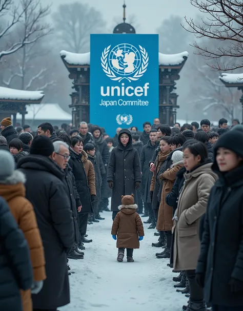   Photographic, Gothic decoration letter "Japan Committee for UNICEF" written in white letters at the bottom of the screen, UNCEF logo, many people standing ,many Japanese people, old men and old women, young men and women,  many , many baby,  on ground, w...