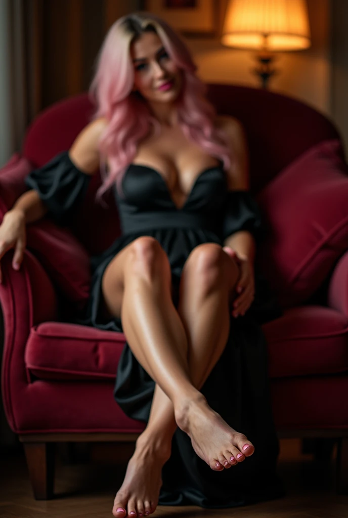 A stunning 20-year-old German girl with long pastel pink hair sits seductively on a luxurious velvet chaise lounge in a dimly lit room. Her black satin dress clings to her curves, its deep neckline accentuating her ample bust, while the high slit reveals g...